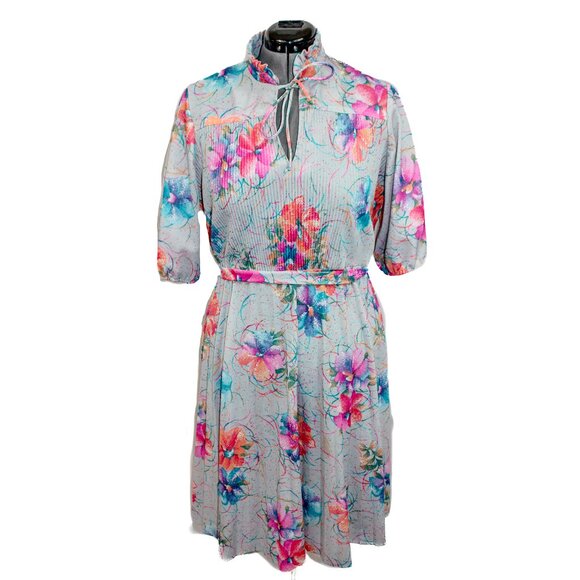 VINTAGE Q (Crown) R Sz 20 Gray Floral Midi Fit and Flare Dress High Neck Cottage - Picture 1 of 4